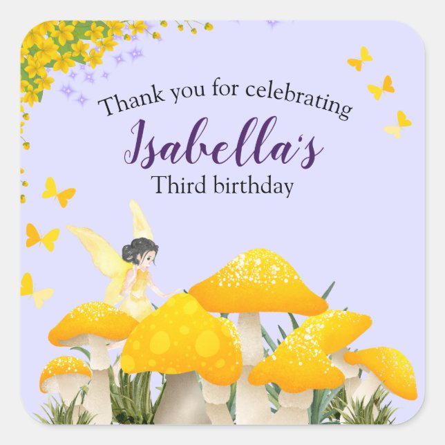 Adesivo Quadrado Girls Fairy Yellow Mushroom Butterfly Birthday (Frente)