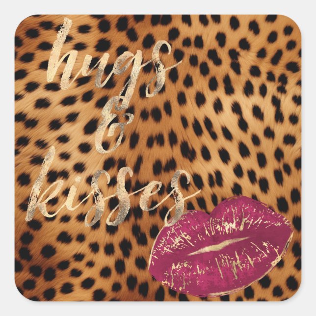 Adesivo Quadrado Girly Glam Cheetah Leopard Hugs & Kisses Lábios (Frente)