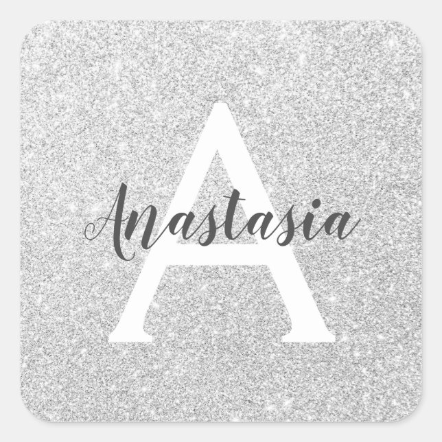 Adesivo Quadrado Girly Glam Silver Glitter Sparkles Nome do Monogra (Frente)