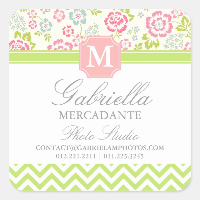 Adesivo Quadrado Girly Primavera Floral Chevron Personalizado Monog (Frente)