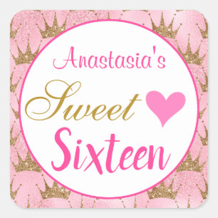 Adesivo Quadrado Girly Princesa Rosa Dourado Brilho Doce Dezesseis