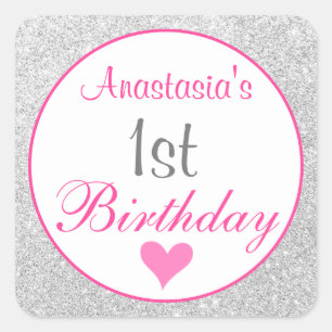 Adesivo Quadrado Girly Princesa Rosa e Brilho Prata 1º Aniversário