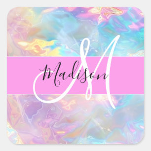 Adesivo Quadrado Girly Rainbow Holographic Nome do Monograma Irides