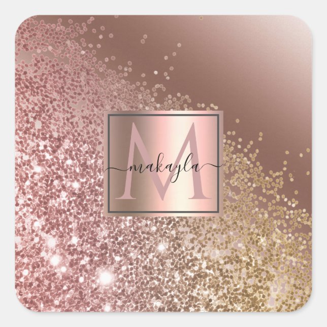 Adesivo Quadrado Girly Rosa Dourada Glitter Name Monograma (Frente)