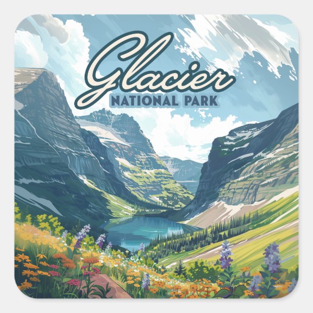 Adesivo Quadrado Glacier National Park Montana Lake Retro (Frente)