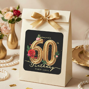 Adesivo Quadrado Glam Black Gold Red Rose Floral 60º Aniversário