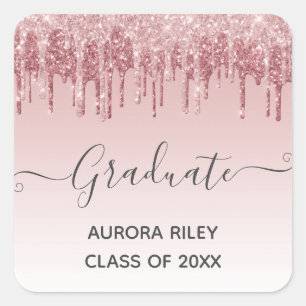 Adesivo Quadrado Glam Blush Rosa Dourado Pingando Brilho Graduação