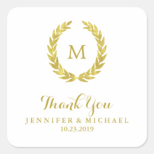 Adesivo Quadrado Glam Faux Gold Foil Laurel Wreath Monograma Casame