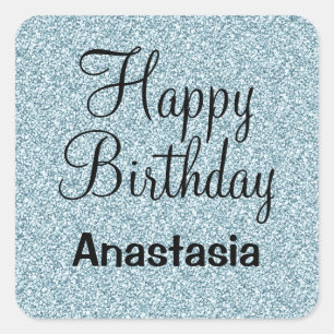 Adesivo Quadrado Glam Feliz Aniversário Azul Prata Brilho Brilhos