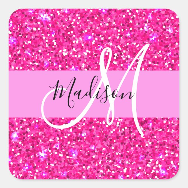 Adesivo Quadrado Glam Girly Hot Pink Glitter Sparkles Nome Monogram (Frente)
