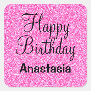 Adesivo Quadrado Glam Happy Birthday - Nome do Sparkle Rosa Quente