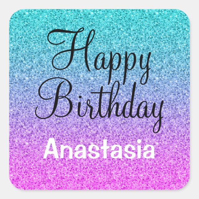 Adesivo Quadrado Glam Happy Birthday Ombre Rosa Azul Brilhante (Frente)