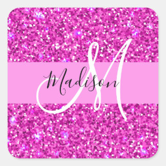 Adesivo Quadrado Glam Pink & Magenta Glitter Sparkle Nome do Monogr