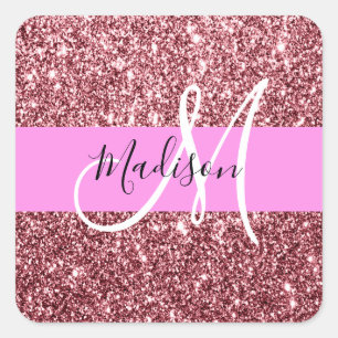 Adesivo Quadrado Glam Rosa Cor-de-Rosa Dourado Brilho Monograma