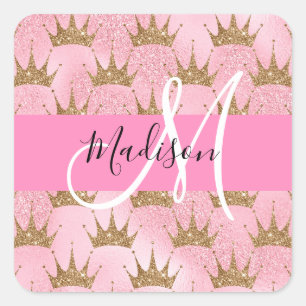 Adesivo Quadrado Glam Rosa e Dourado Brilho Faíscas Coroas Monogram