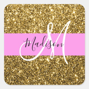 Adesivo Quadrado Glam Rosa e Dourado Brilho Faíscas Monograma Nome