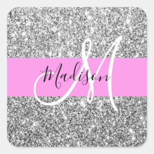 Adesivo Quadrado Glam Rosa e Glitter Brilho Monograma Nome