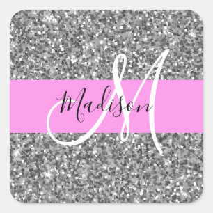 Adesivo Quadrado Glam Rosa e Glitter Prateado Monograma Nome