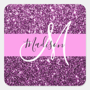 Adesivo Quadrado Glam Rosa e Glitter Roxo Monograma Nome