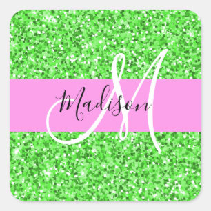 Adesivo Quadrado Glam Rosa e Verde Brilho Brilhos Monograma Nome