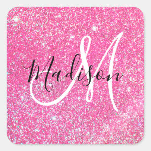 Adesivo Quadrado Glamour Feminino Brilho Rosa Quente Monograma Nome