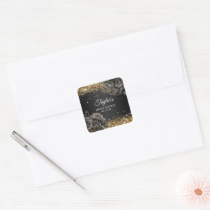 Adesivo Quadrado Glamour Floral Preto Brilho Dourado Doze Anos