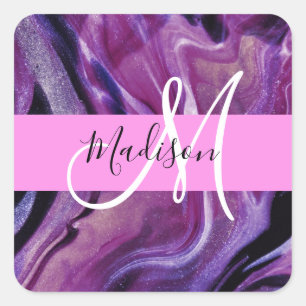 Adesivo Quadrado Glamour Monograma Rosa com Textura de Brilho Roxo 