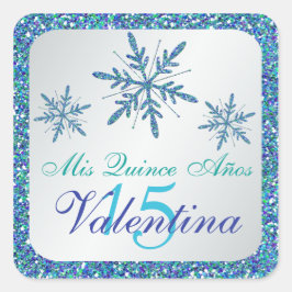 Adesivo Quadrado Glitor Silver Aqua Blue Green Snowflakes Sticker