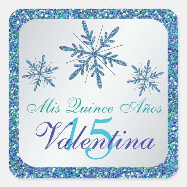 Adesivo Quadrado Glitor Silver Aqua Blue Green Snowflakes Sticker (Frente)