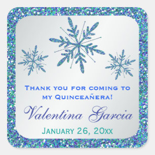 Adesivo Quadrado Glitor Silver Aqua Blue Green Snowflakes Sticker