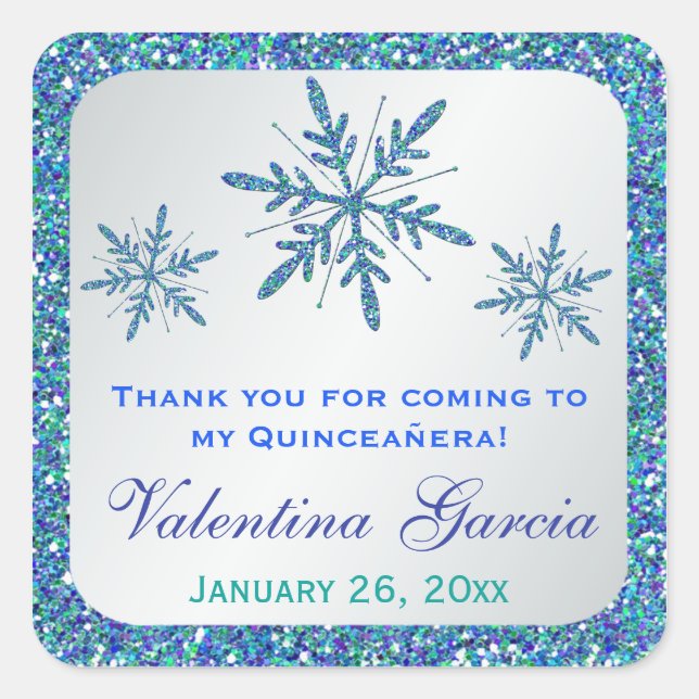 Adesivo Quadrado Glitor Silver Aqua Blue Green Snowflakes Sticker (Frente)