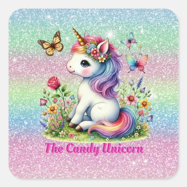 Adesivo Quadrado Glitter candy unicorn meadow wildflowers  (Frente)