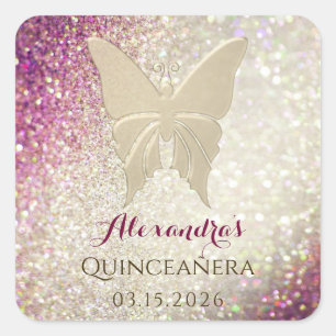 Adesivo Quadrado Glitter de Ouro Rosa Quinceañera Aniversário
