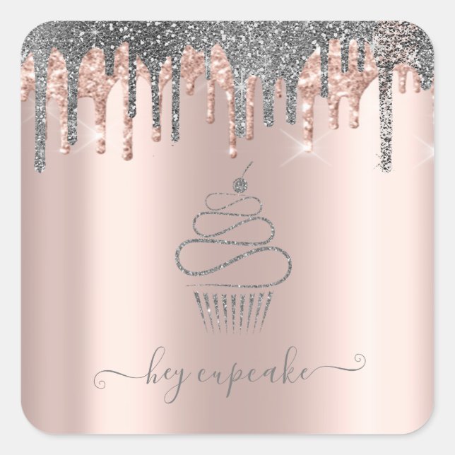 Adesivo Quadrado Glitter de Prata Chic Drives Cupcake Rosa Dourado (Frente)