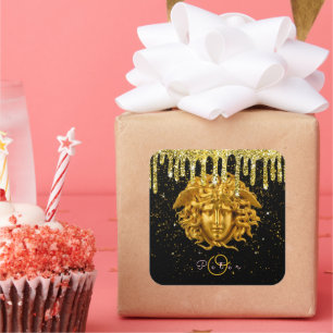 Adesivo Quadrado Glitter Dourado Chic Medusa Script Haute Couture