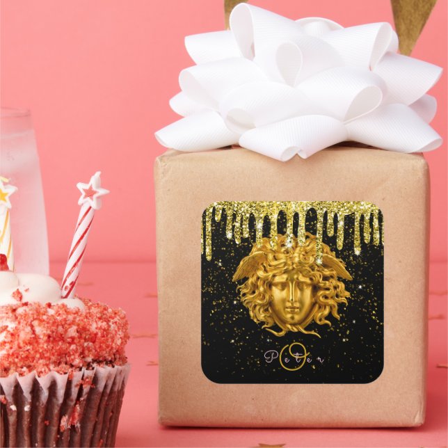 Adesivo Quadrado Glitter Dourado Chic Medusa Script Haute Couture (Festa)