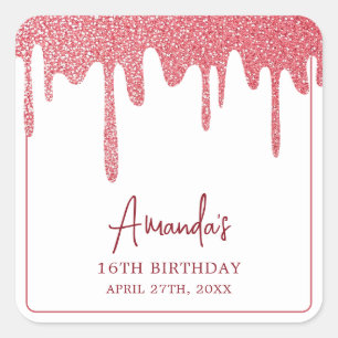 Adesivo Quadrado Glitter Dourado de Rosa chic Doce 16 Aniversário