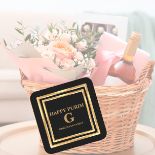 Adesivo Quadrado Glitter Dourado Elegante Personalizado Purim Feliz