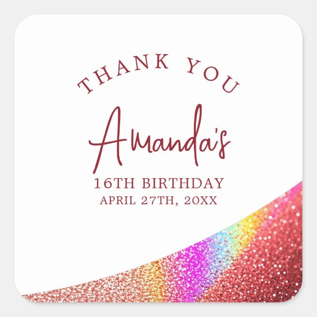 Adesivo Quadrado Glitter Glitter Rosa Dourado Arco-Íris Doce 16 Ani (Frente)