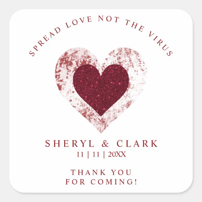 Adesivo Quadrado Glitter Red Heart Pandemic Wedding Spread Love (Frente)