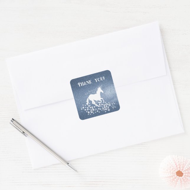 Adesivo Quadrado Glitter Unicorn e Stars Obrigado | Azul (Envelope)