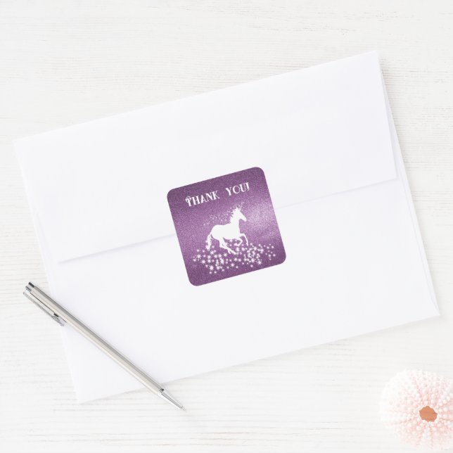 Adesivo Quadrado Glitter Unicorn e Stars Obrigado | Magenta (Envelope)