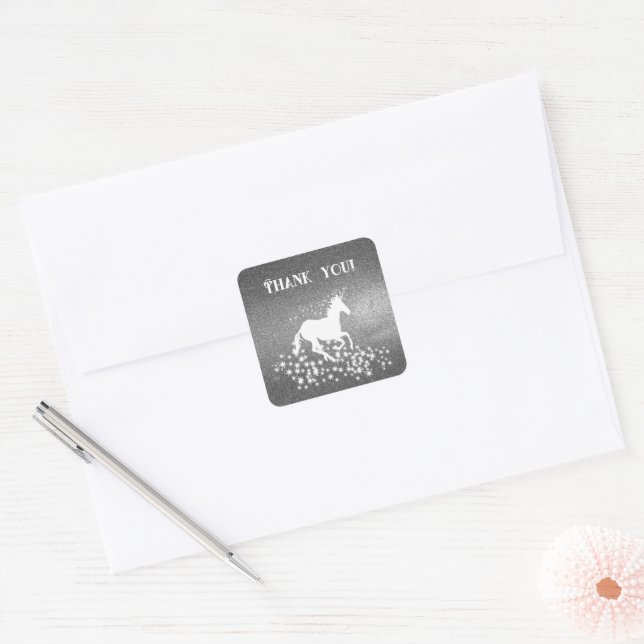 Adesivo Quadrado Glitter Unicorn e Stars Obrigado | Prata (Envelope)
