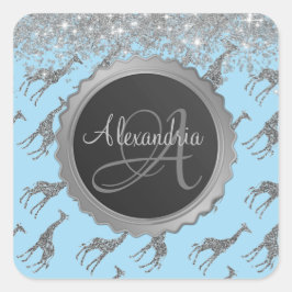 Adesivo Quadrado Glittery Giraffe on Blue Monograma Personalizado
