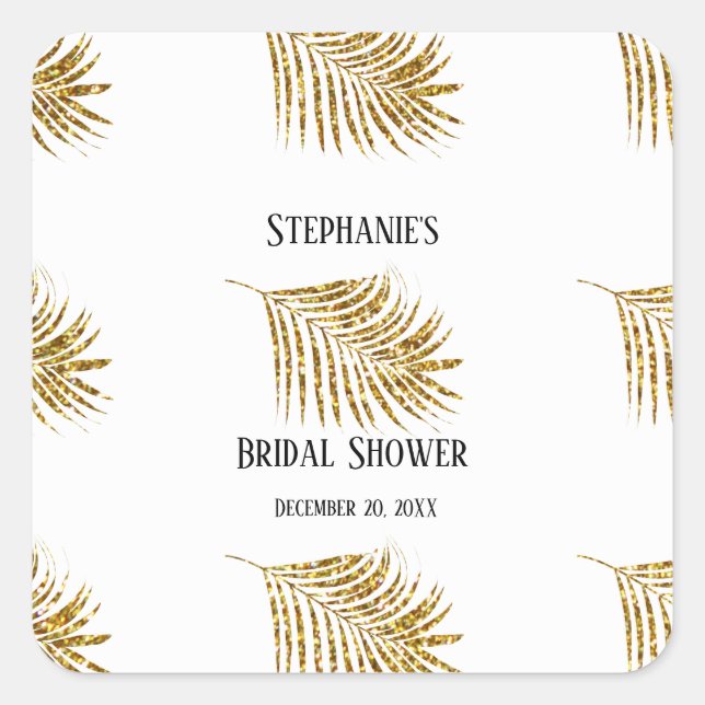 Adesivo Quadrado Glittery Gold Palm Tree Leaf Wedding Bridal Shower (Frente)
