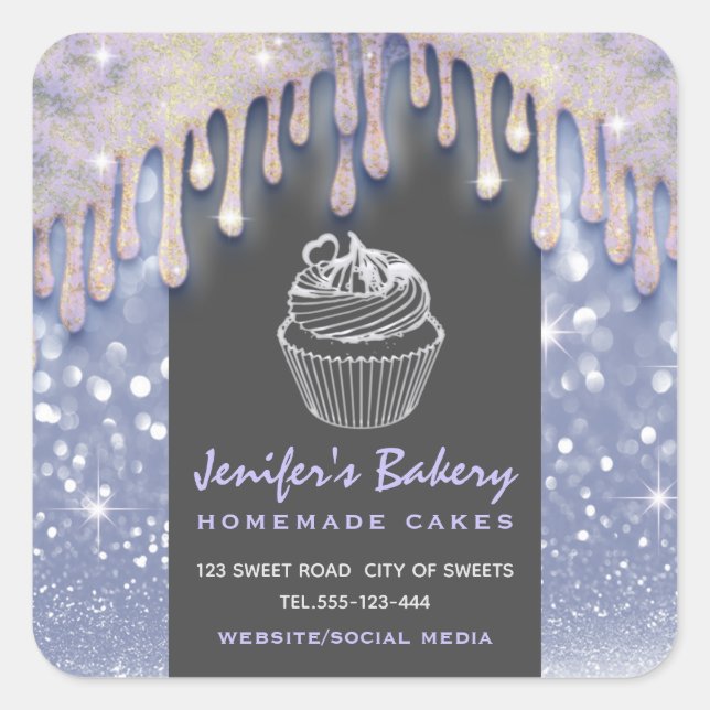 Adesivo Quadrado Glittery moderna dribla script bakery chef (Frente)