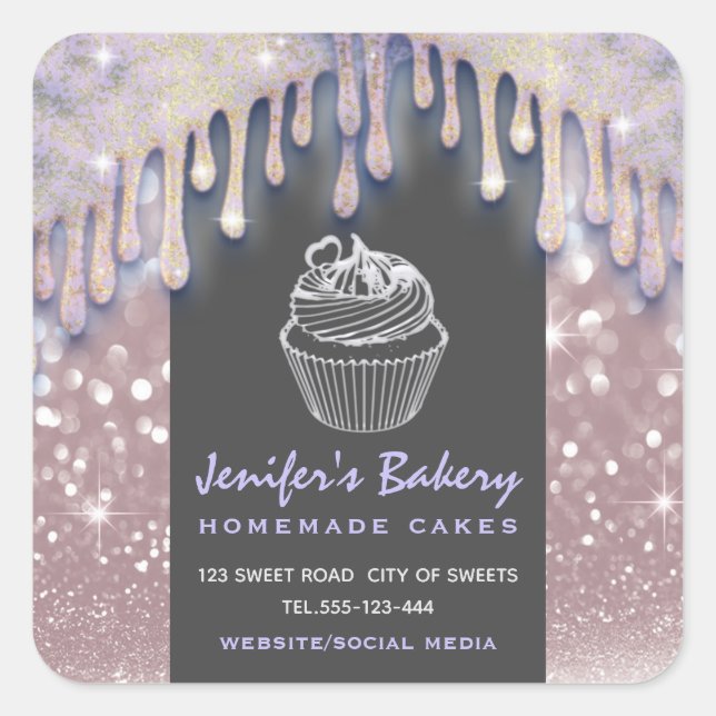 Adesivo Quadrado Glittery moderna dribla script bakery chef (Frente)