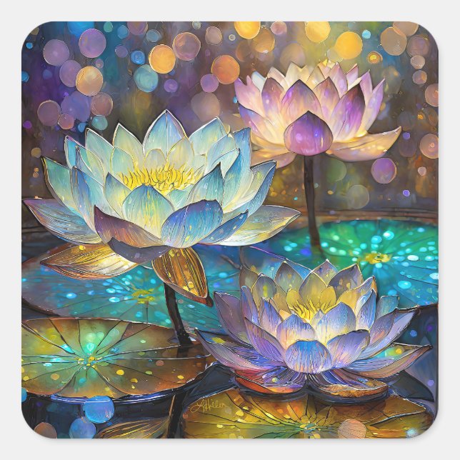 Adesivo Quadrado Glowing Lotus Flowers Trio (Frente)