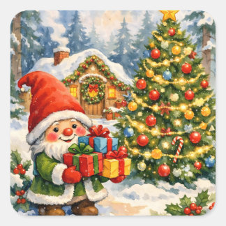 Adesivo Quadrado Gnome de aquarela e árvore de Natal