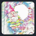 Adesivo Quadrado Gnomo Colorido Pastel Garden<br><div class="desc">Gnomo Colorido Pastel Garden "gnomo,  tomte,  Nisse,  Natal,  elfo",  moderno,  noruega,  adulto kida,  "cogumelo de árvore,  floresta,  aniversário"</div>